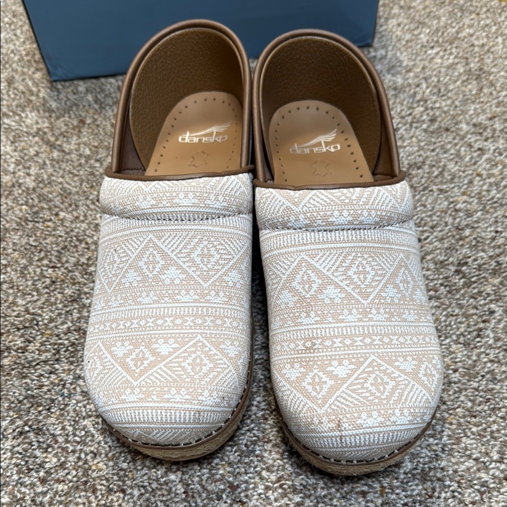 Dansko Beige and White Patterned Clogs